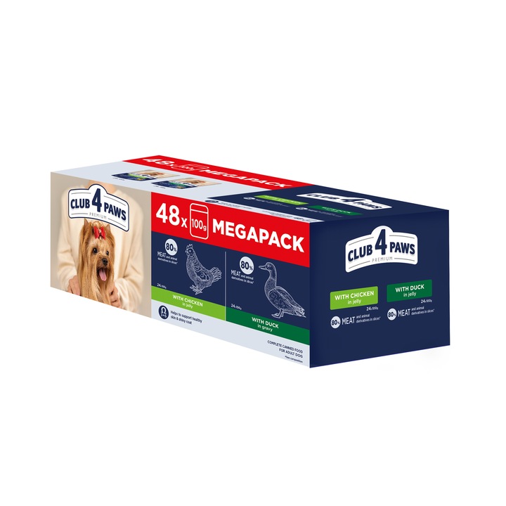 Hrana umeda Club 4 Paws Premium, Megapack mix, pui si vita in jeleu, pentru caini adulti, 48 x 100g