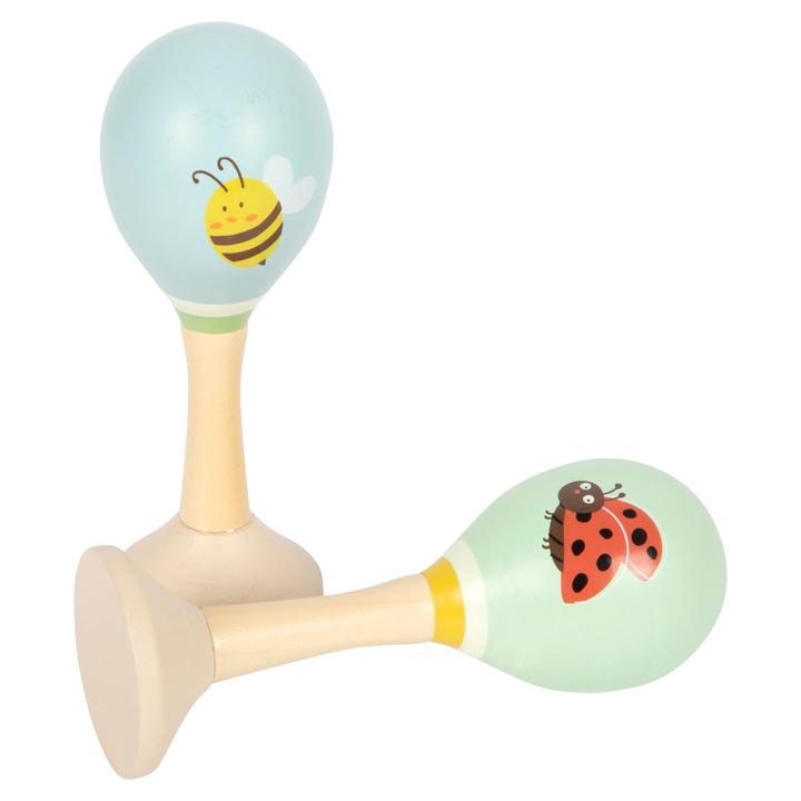Maracas Tiny Friends – Set 2 Zornaitoare Muzicale din Lemn pentru Copii, cu Motive Albina si Buburuza, Instrumente de Percutie pentru Educatie Muzicala