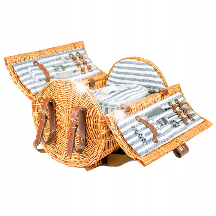 Cos picnic din ratan pentru 2 persoane, set complet cu farfurii ceramice, patura, termotorba, 38x30cm