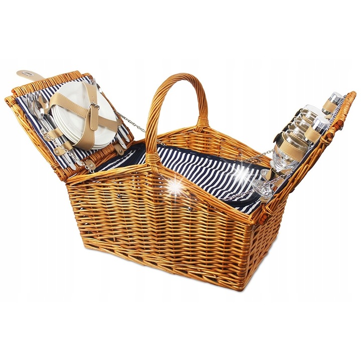 Cos picnic din ratan cu termotorba, set pentru 4 persoane, albastru si alb, 46,5x31x42cm
