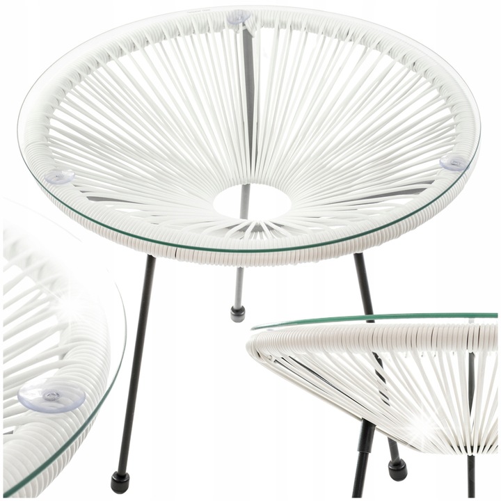 Stolik de gradina Acapulco, tehnorattan, sticla, crem, 50cm diametru, 49cm inaltime