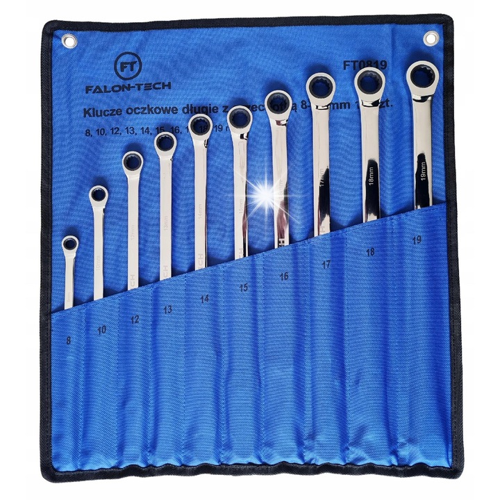 Falon-Tech hosszú ovális kulcskészlet, 10 darab, 8-19 mm, króm-vanádium acélból