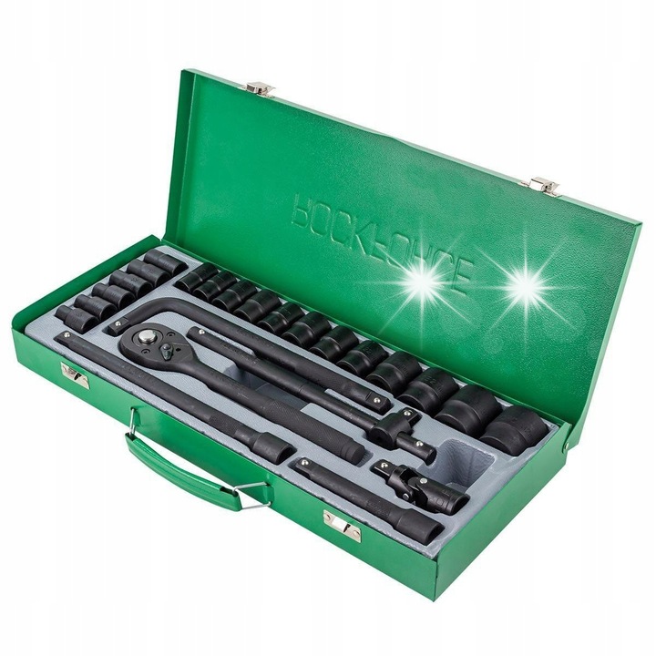Rockforce 1/2" dugókulcs készlet, 24 részes, 8-32mm, racsnival és hosszabbítókkal, fém kofferben