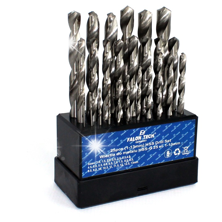 25 db-os HSS fúrókészlet 1-13mm, Falon-Tech, edzett éllel, tartóval együtt