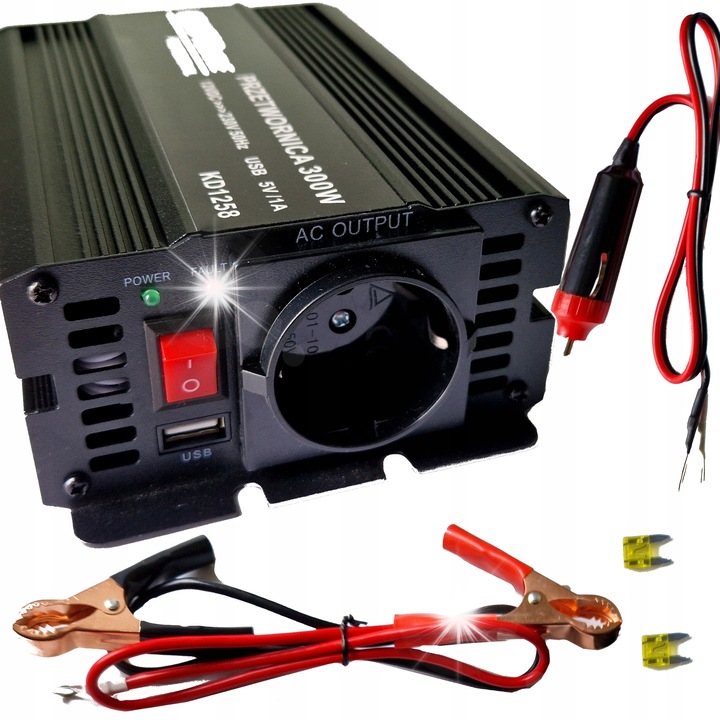 Kraft&Dele KD1258 autó inverter, 300W, 600W impulzus, 12V, akkumulátor kábelekkel
