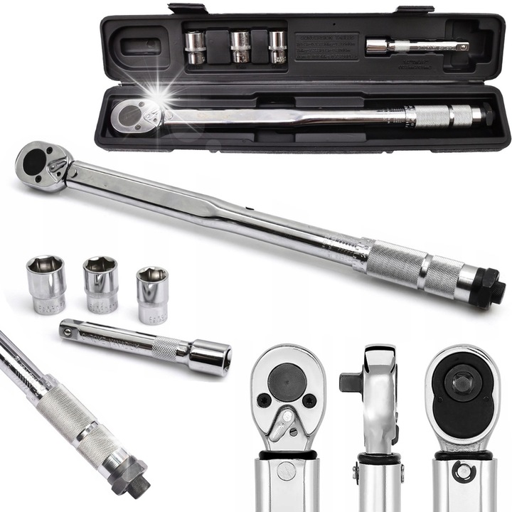 Nyomatékkulcs 1/2" 28-210Nm, Falon-Tech, 3 db krómozott dugókulcs készlet 17x19x21mm, hossz 465mm