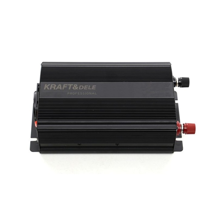 Autó inverter Kraft&Dele KD1250, 350W folyamatos teljesítmény, 700W csúcsteljesítmény, 12V/230V, módosított szinusz, USB port, közvetlen akkumulátor csatlakozás, Fekete