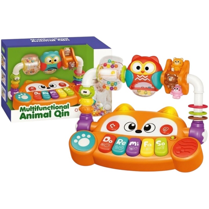 Centru Activitati Interactiv Cu Pian Si Animalute Pentru Copii, Jucarie Multifunctionala Cu Bile, Inele Si Butoane, Panou Educativ Cu Sunete Si Melodii, Jucarie Multicolora Cu Activitati Diverse Copii 18+ Luni