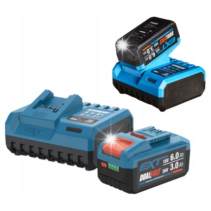 Set acumulator si incarcator Erbauer EXT Dual Volt 18/36V 6.0/3.0 Ah, 270W, negru, dimensiuni 254.3x152.2x103.5mm