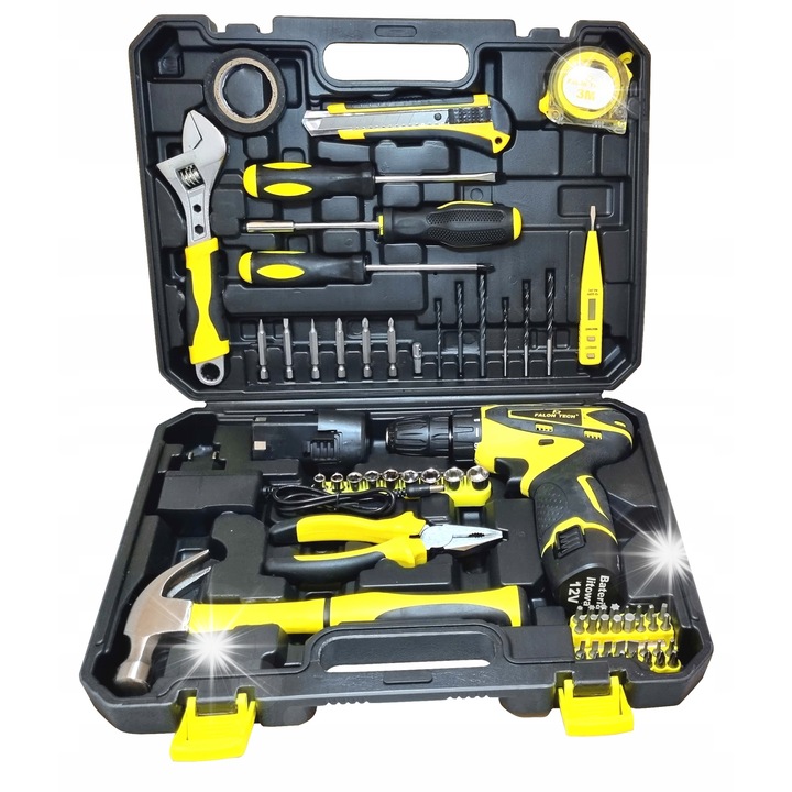 12V-os csavarhúzó szerszámkészlet, Falon-Tech, 68 darab, 2 akkumulátor, rendszerező koffer, 0,85 kg