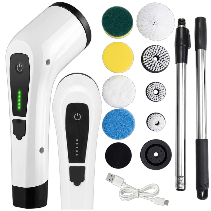 KRUMAD Perie electrica de curatare fara fir 8 in 1, capete interschimbabile, maner reglabil, display LED, acumulator litiu, incarcare USB, perie rotativa pentru baie bucatarie faianta