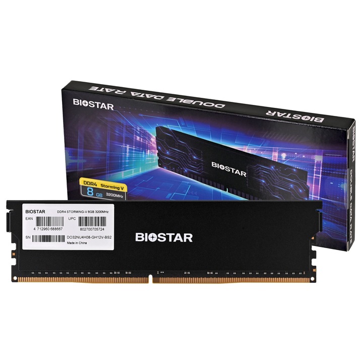 RAM памет Biostar, 8 GB, DDR4, 3200 MHz, UDIMM, 1.35 V, 16 CL, Black