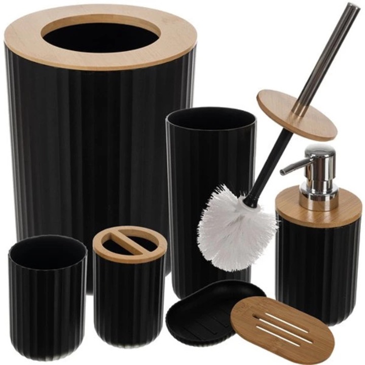 Set de 6 accesorii baie RUHHY, Dispenser sapun, Suport sapun, Pahar periute, Pahar clatire, Perie WC, Cos gunoi, 26 x 19.5 x 19.5 cm, PP/ABS/Bambus, Negru/Maro
