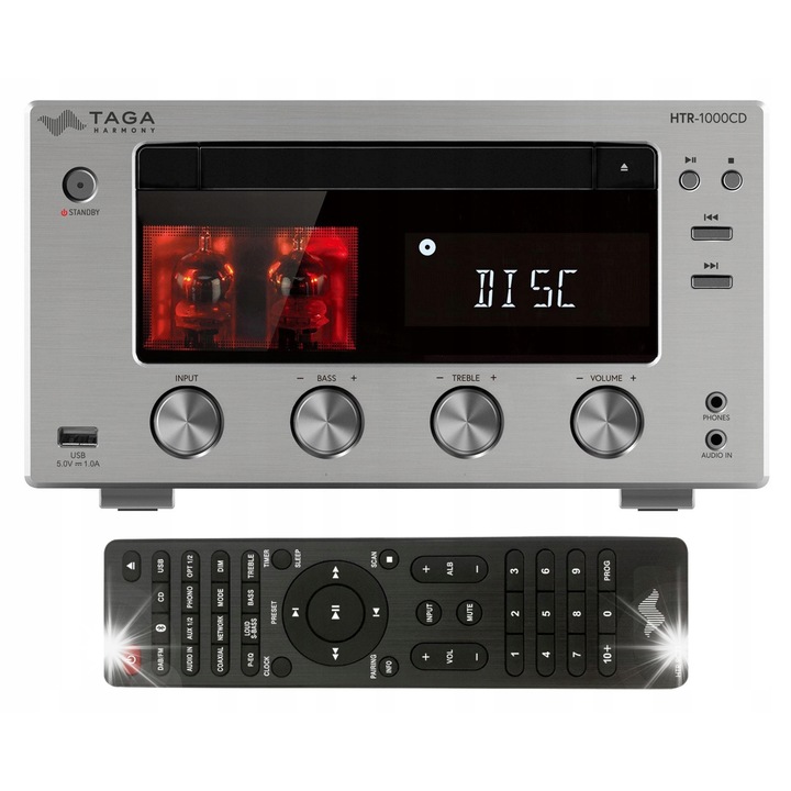Amplificator hibrid stereo Taga Harmony HTR-1000CD v.3, CD, Bluetooth, USB, DAB+/FM, argintiu, 140x245x295mm