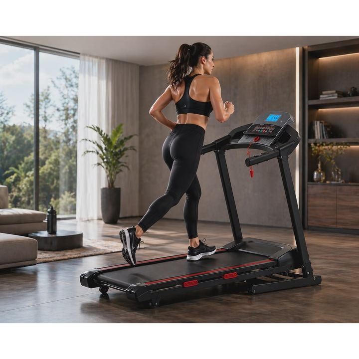 POWER RUN® PRO MAX elektromos futópad, 4 LE motor, 15% automata dőlésszög, Bluetooth Kinomap/FitShow/Zwift, tablettartó, önkenő rendszer, összecsukható, lengéscsillapító rendszer, előre beállított programok, 120 kg felhasználó