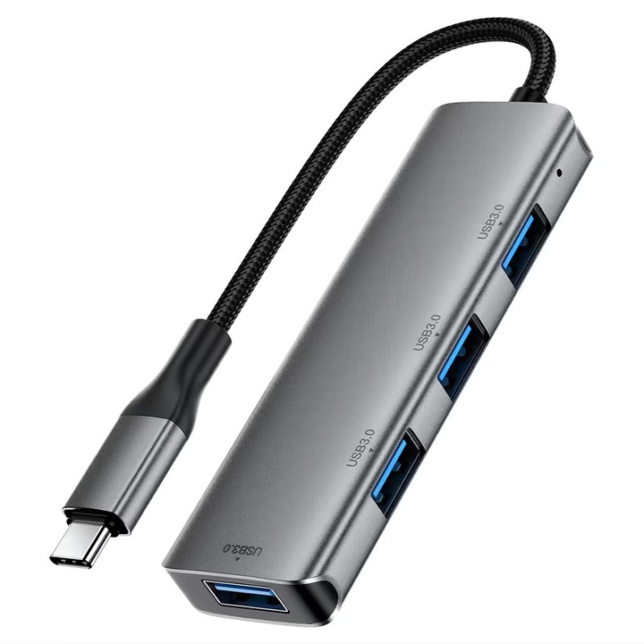 USB-C хъб с 4 USB3.0 порта, 5Gbps, Plug&Play, Алуминиева сплав - Acefast (J15) - Метално сиво