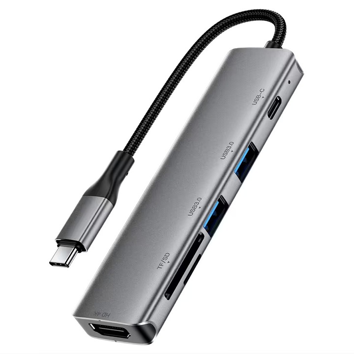 Докинг станция USB-C към HDMI 4K, SD/TF, PD90W, 2x USB3.0 - Acefast (J18) - Метално сиво