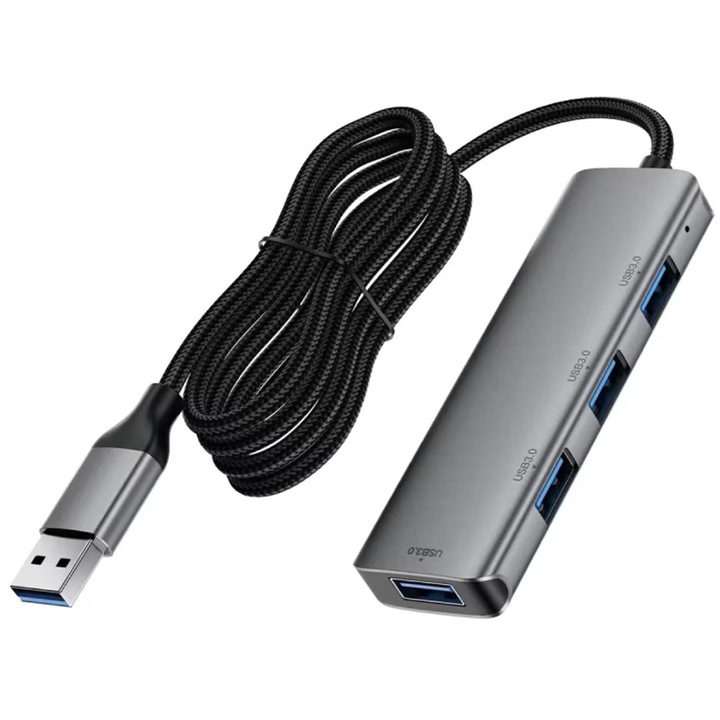USB хъб към 4 x USB3.0, 5Gbps, Plug & Play, Алуминий, 5V/3A, USB кабел - Acefast (J17) - Metal Gray