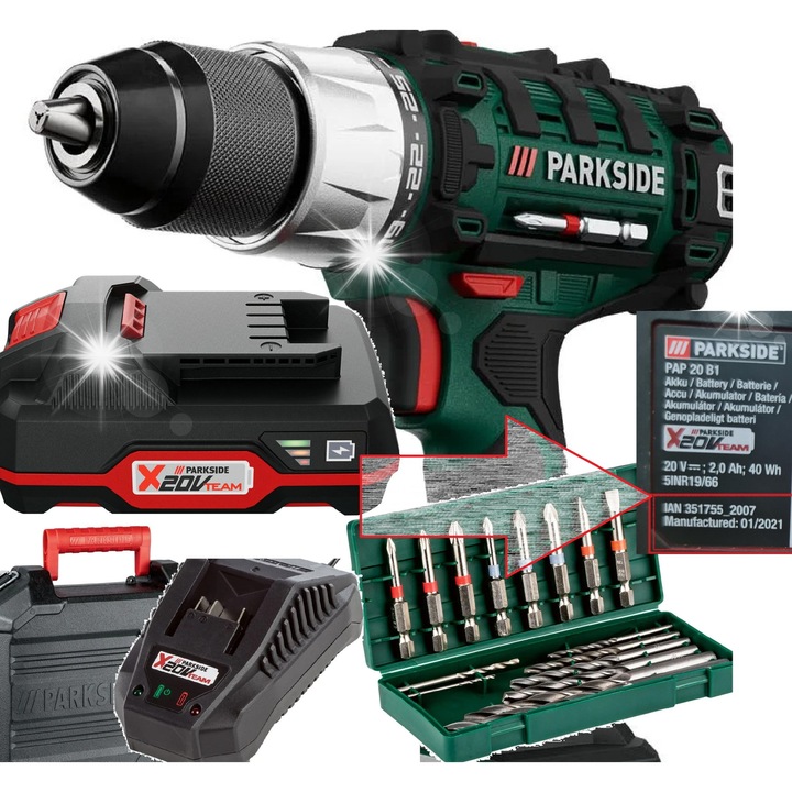 Акумулаторна бормашина/винтоверт Parkside PABS X20V, 20V, 1 батерия 2Ah, комплект с 8 накрайника, куфар за съхранение