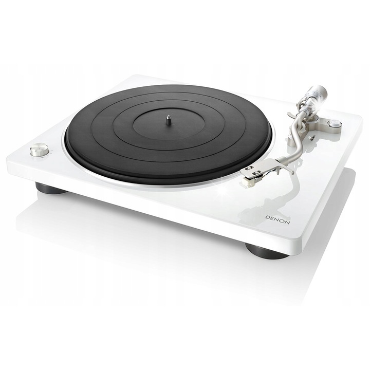 Грамофон Denon DP-400, ръчен, бял, с S-образна рамо, с подвижен капак, комплект с MM доза