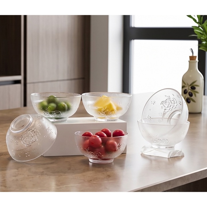 Set 6 Boluri din Sticla Aurov®, Design elegant, pentru Servire si Depozitare, 350ml, Transparent
