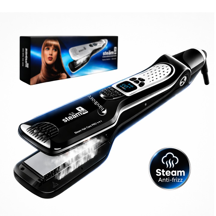 Placa de indreptat parul cu abur KindKare, tehnologie SteamPlus, display LCD, reglaj temperatura 5 trepte 150-230°C, placi din titan cu turmalina, ionizare, rezervor 30ml, cablu rotativ 360°, indreptare rapida fara deteriorare, toate tipurile de par