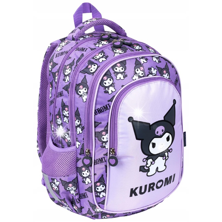 KUROMI hátizsák szett, 4 rekeszes, lila, 40x28x18cm, tolltartóval, tornazsákkal, kulaccsal, uzsonnás dobozzal