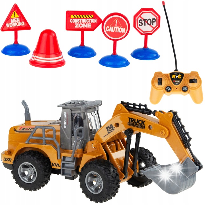 Excavator RC Martom, set cu pilot, semne si marcaje, 23x12x8cm, galben