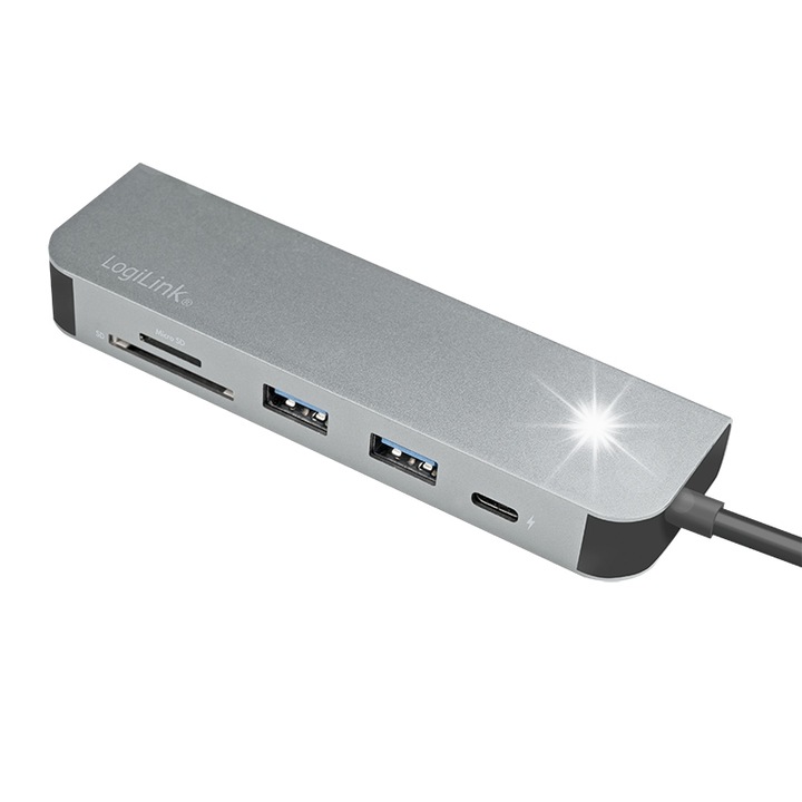 USB-C хъб 6 в 1 Logilink, HDMI, 2x USB 3.0, четец на SD карти, черен