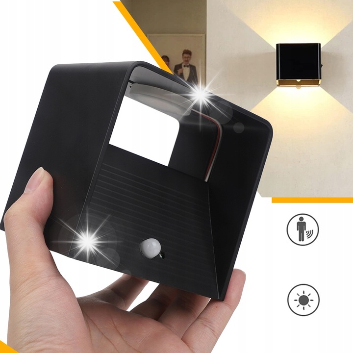 LED аплик със сензор за движение, черен, 10x10x8см, 3000mAh, USB зареждане, пълен комплект