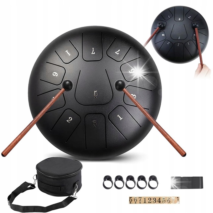 Bebelus Tongue Drum 10", 11 tonuri, negru, set complet