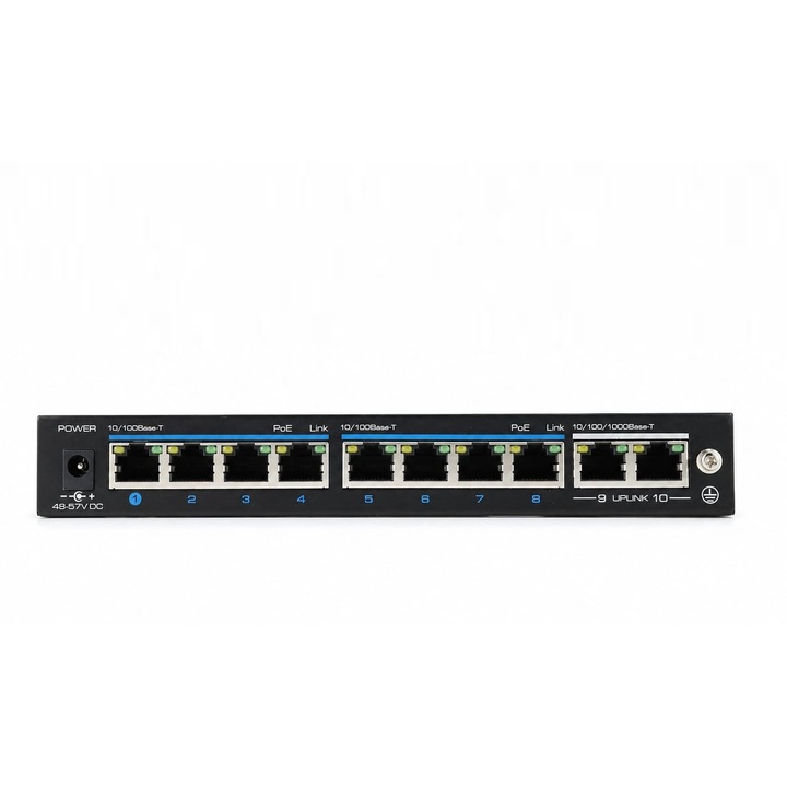 Switch PoE Ethernet, cu 10 porturi, 8 porturi PoE si 2 porturi uplink Gigabit, pentru sisteme CCTV si retele profesionale