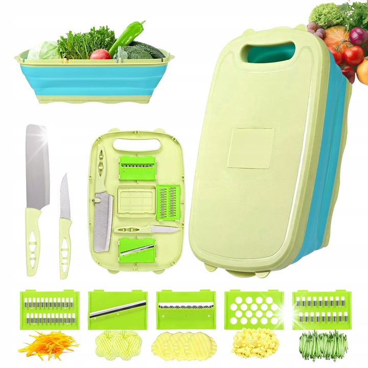 Set 9 in 1, deska de taiat, Bedee, cu bol pliabil, 5 cutite pentru legume, 2 cutite, verde si albastru, 34x23x11cm