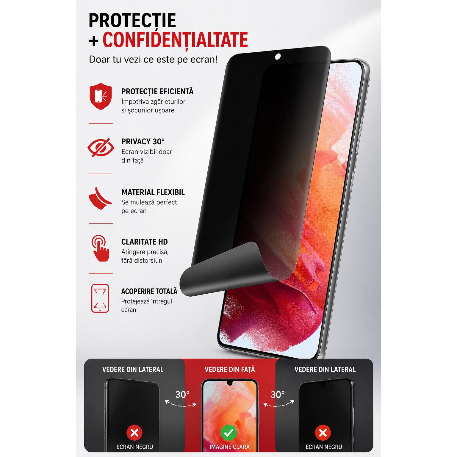 Folie protectie ecran Privacy pentru Samsung Galaxy A55, Hydrogel TPU, Full Cover, ISAG