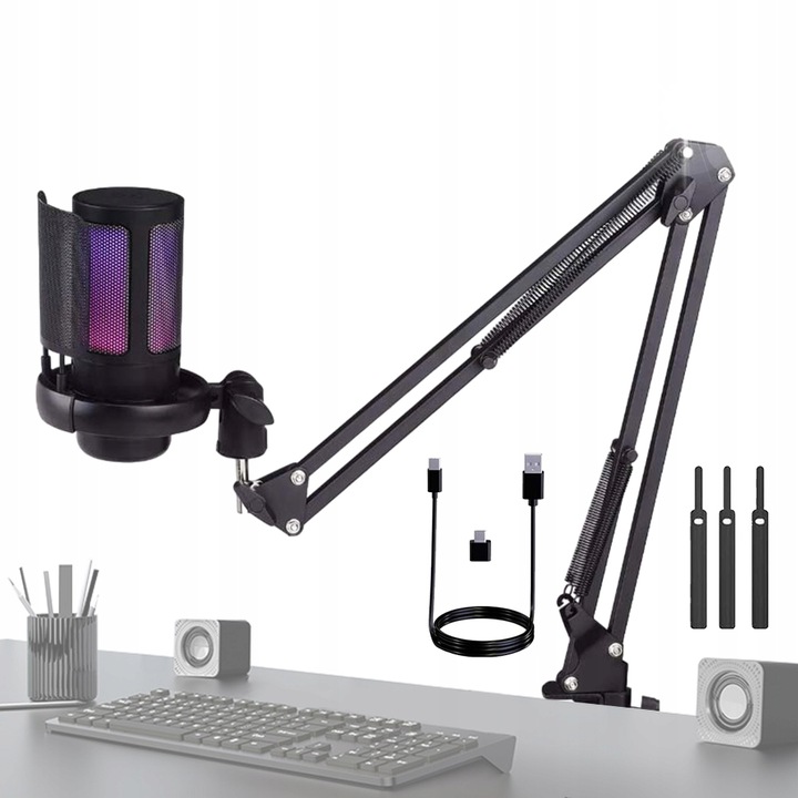 Mikrofon PC RGB világítással, 14mm, 192kHz, komplett szett állvánnyal és USB kábellel