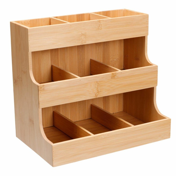 Konyhai rendszerező, HowHomely, Bambusz fűszertartó és kiegészítő tartó, 3 szintes és 6 rekeszes, Maximalizálja a pultfelületet, Modern skandináv design, Gyors hozzáférés, Stabil és könnyű szerkezet, 30x15x25 cm, Natúr