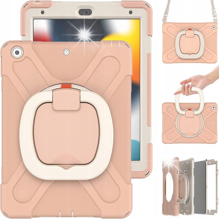 Husa tableta Amazon Fire HD 10 Plus, roz, cu suport si curea reglabila, trei straturi, protectie completa