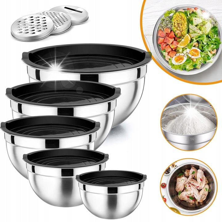 Set 5 boluri din inox cu capac etans, 0,7-4,5 l, negru, pentru amestecare si pastrare alimente
