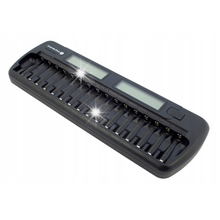 EverActive NC1600 töltő 16 db AA/AAA Ni-MH akkumulátorhoz, 16 független csatorna, LCD kijelzővel, 12V DC