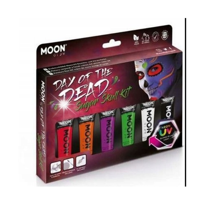 Set vopsea neon UV pentru fata si corp Moon Glow, 6 bucati, 12ml fiecare, efecte fluorescente, rezistent la apa