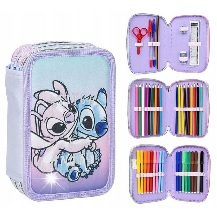 Disney hármas tolltartó, Stitch, rózsaszín és kék, 18 ceruzával, 18 filctollal, komplett készlet