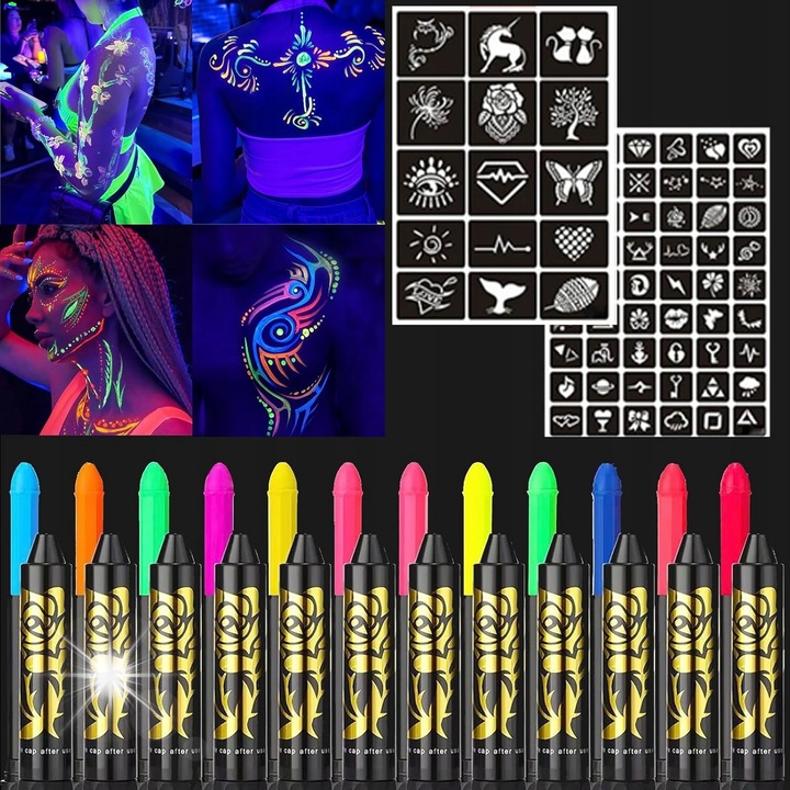 UV neon arcfesték és testfesték készlet sablonokkal és ecsetekkel