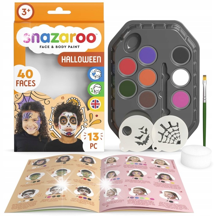 Set vopsea pentru fata Snazaroo, 8 culori, aplicator, 2 sabloane, sigur pentru piele