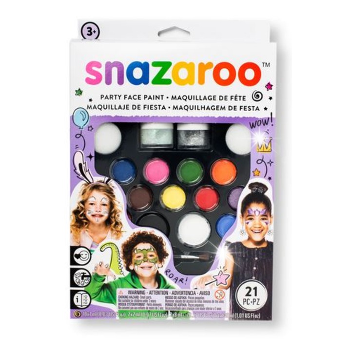 Set de vopsea pentru fata Snazaroo, 8 culori clasice, 2 culori cu sclipici, accesorii, pentru 65 de fete