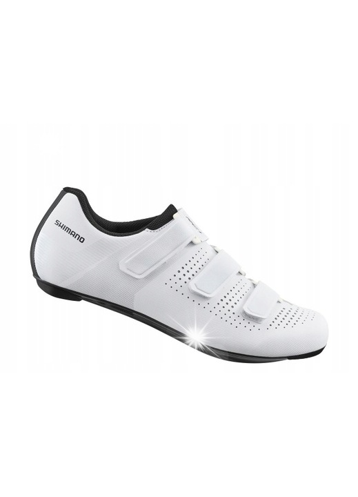 Шосейни обувки Shimano SH-RC100, бели, синтетична кожа, подметка от подсилен с фибростъкло найлон, система за закопчаване с 3 велкро ленти, 45 EU