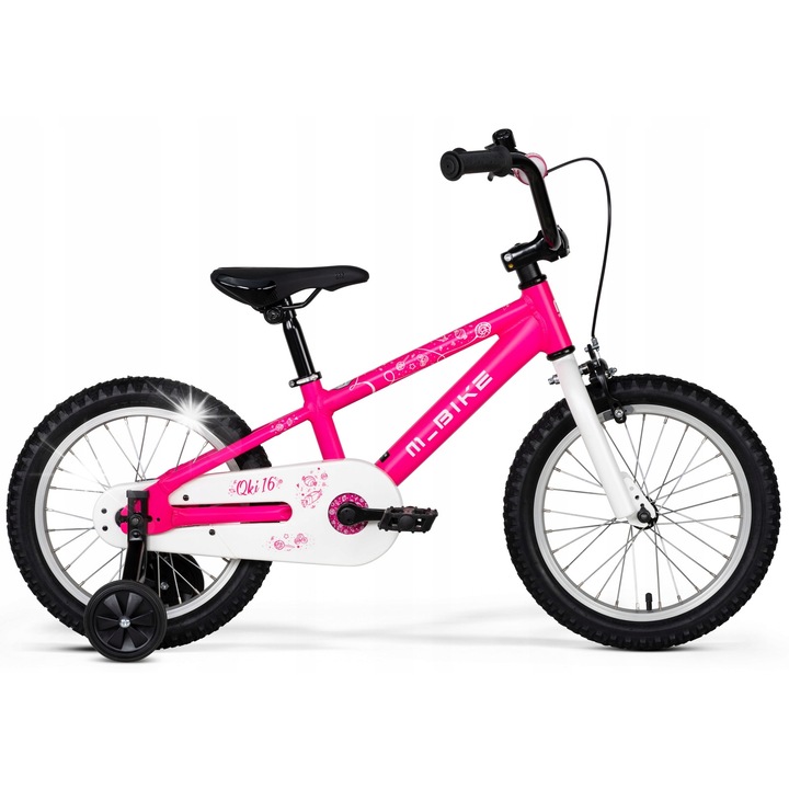 Bicicleta copii M-Bike QKI, 16", roz alb, cadru din aluminiu, roti Kenda 16x2,125