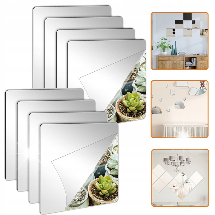 Set 8 oglinzi autocolante, 30x30cm, acrilic, grosime 2mm, pentru decorare interioare