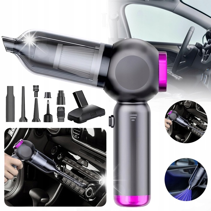 Aspirator auto fara fir, 22000Pa, 4 in 1, violet + negru, set complet