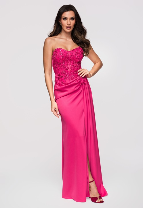 LARICA Rochie maxi cu detalii din dantela si satin, Fucsia