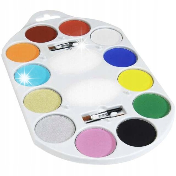 Set vopsea pentru fata si corp, Smiffy's, 12 culori, 12x4g, 4 pensule, 2 bureti